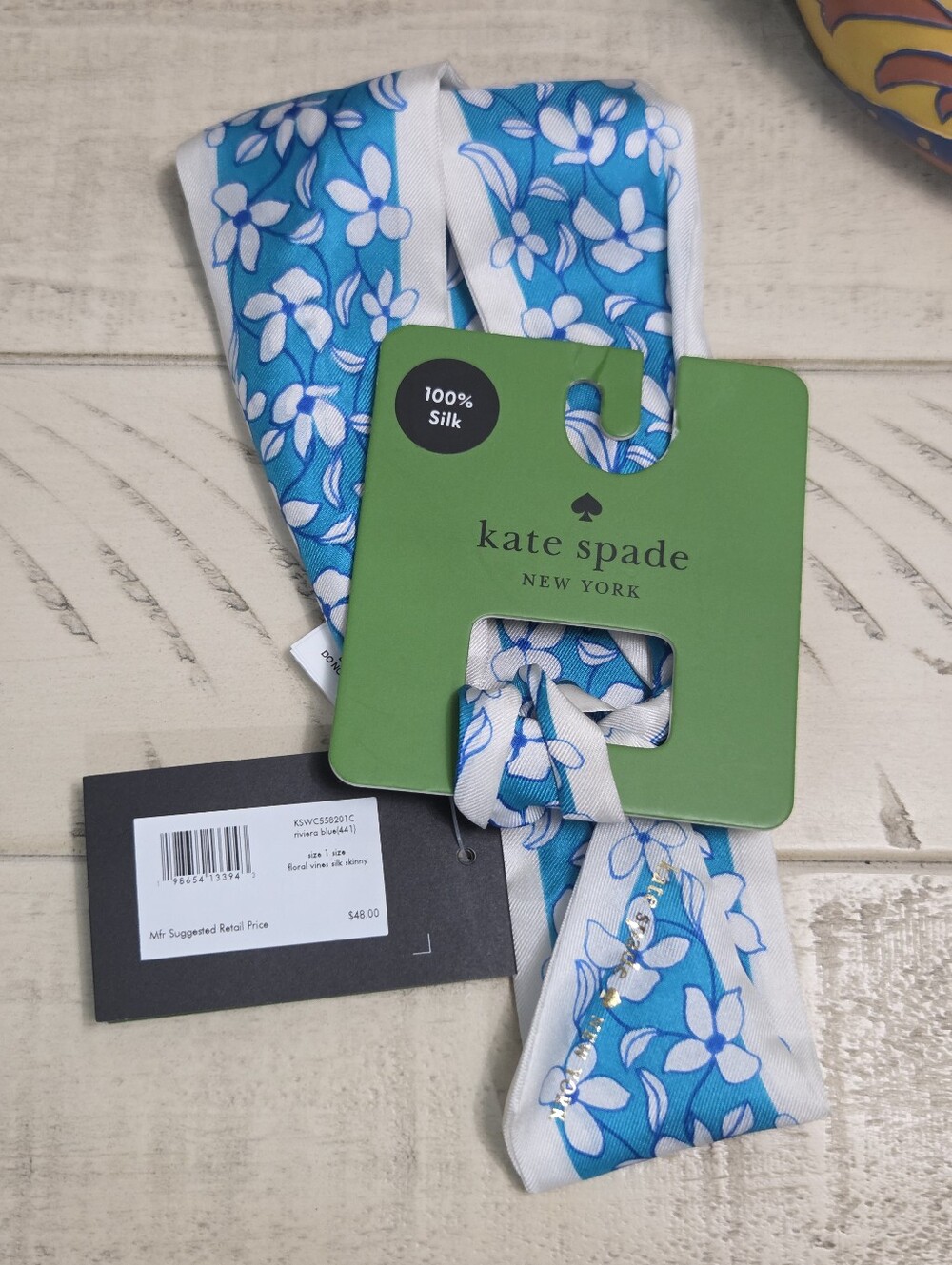 Kate Spade Floral Vines Silk Skinny Scarf Riviera Blue Twilly, NWT
